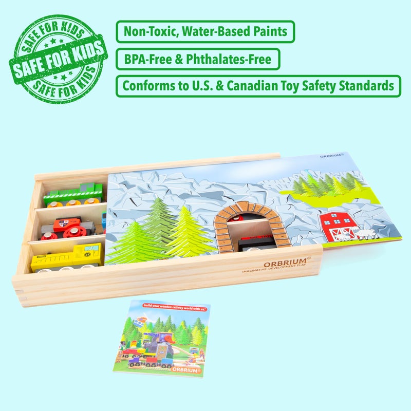 Orbrium مجموعة قطار خشبي 12 قطعة قطارات ألعاب مغناطيسية مع صندوق تخزين غطاء نفق متوافقة مع توماس وبريو وميليسا ودوج ألعاب السكك الحديدية الخشبية للأحفاد والأطفال والصغار والأولاد والبنات - Image 5